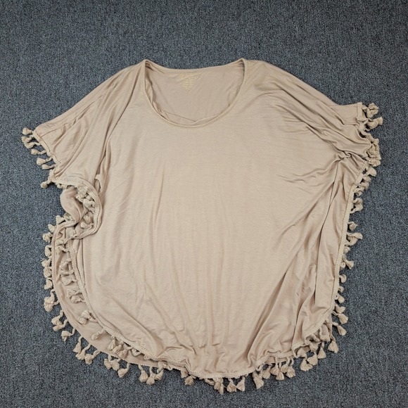 Chico's Boho Tassel Poncho Top S/M Tan Beige Coastal Beachy Scoop Neck Flowy — photo 2